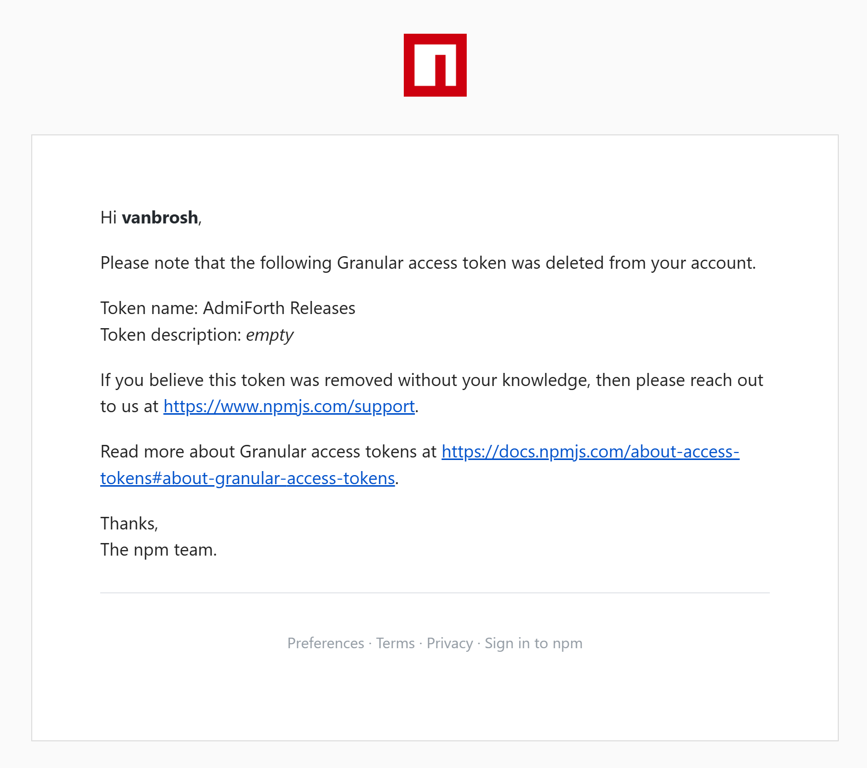npm Granular access token deleted