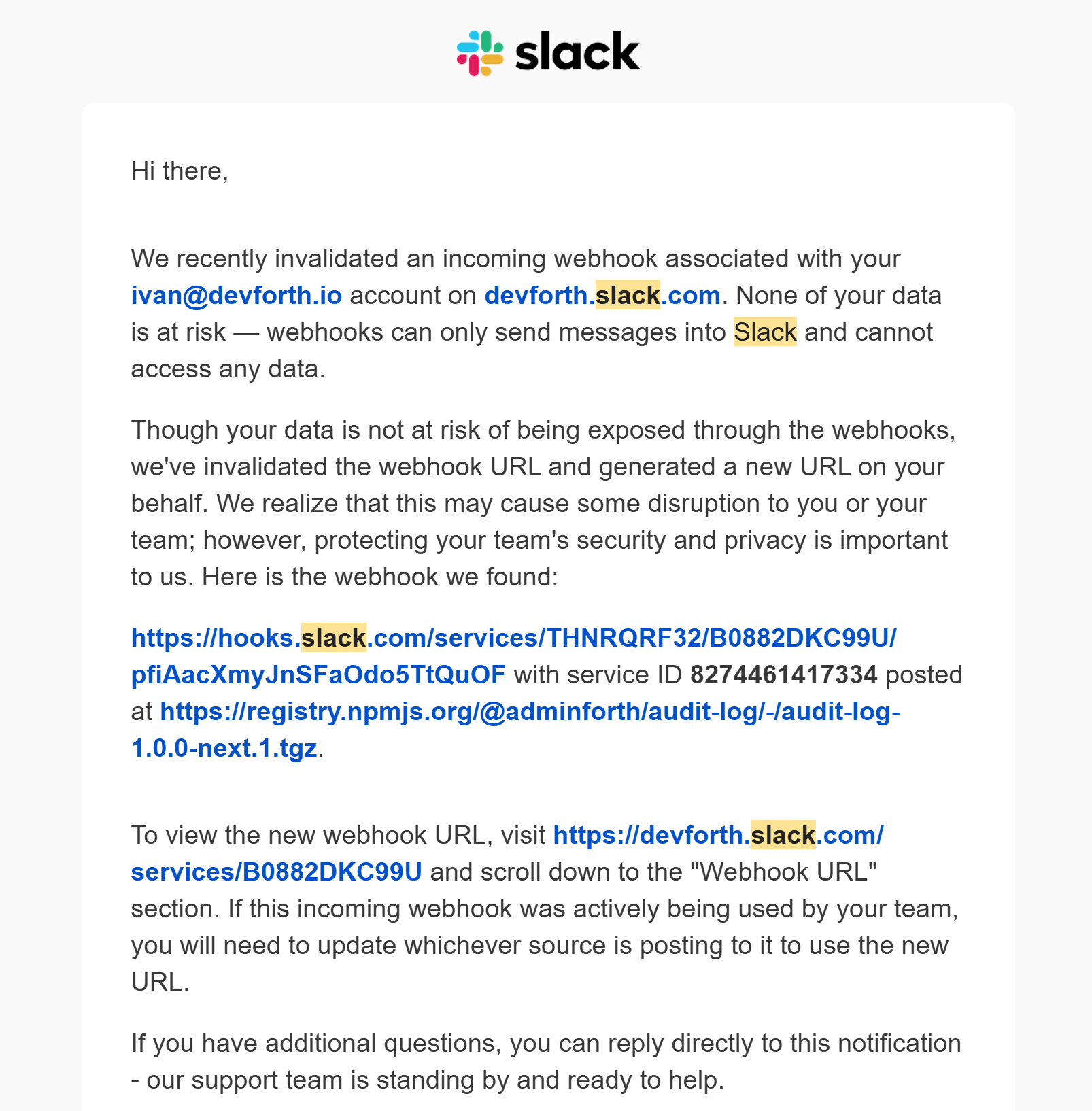 Slack Notification about invalidated webhook URLs