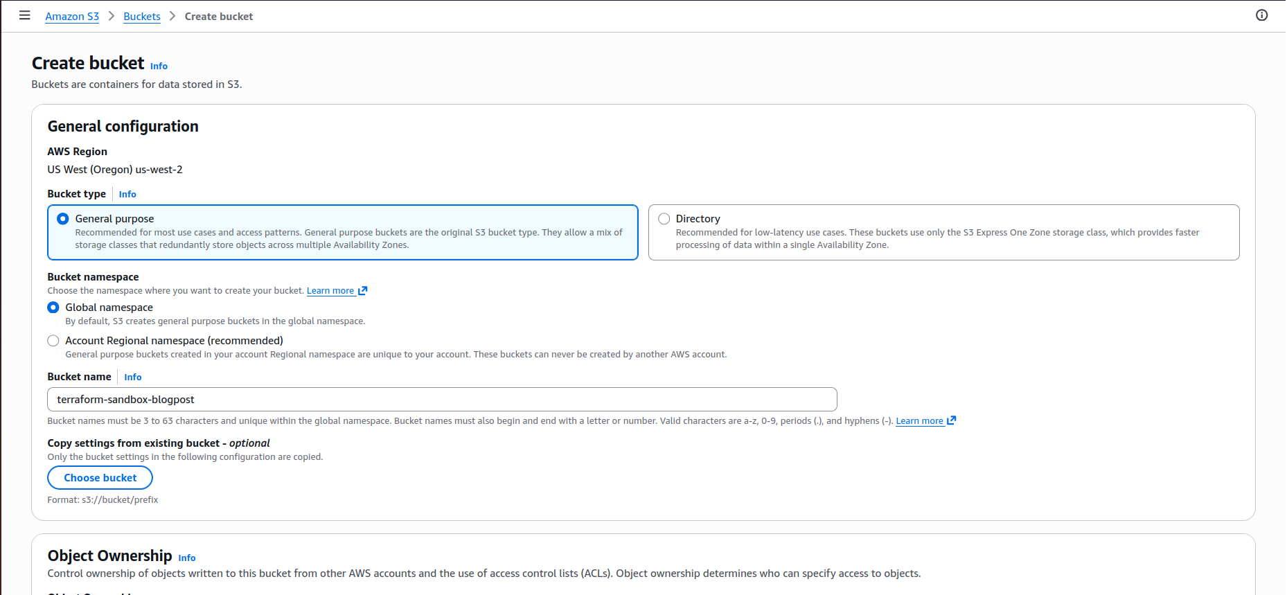 Let's call it "terraform-sandbox-blogpost", scroll to the bottom of the page and click "Create bucket"