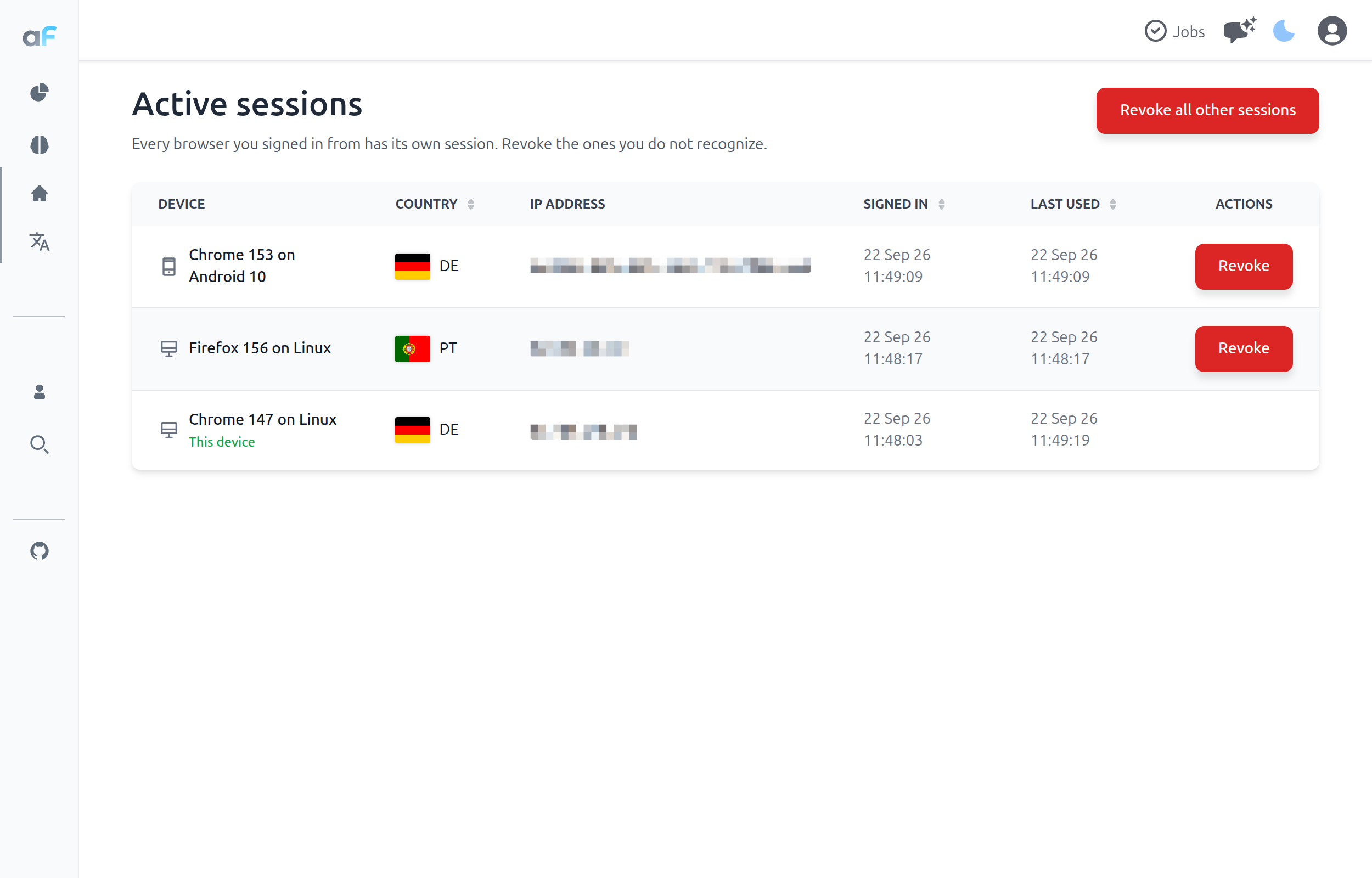 Active sessions page